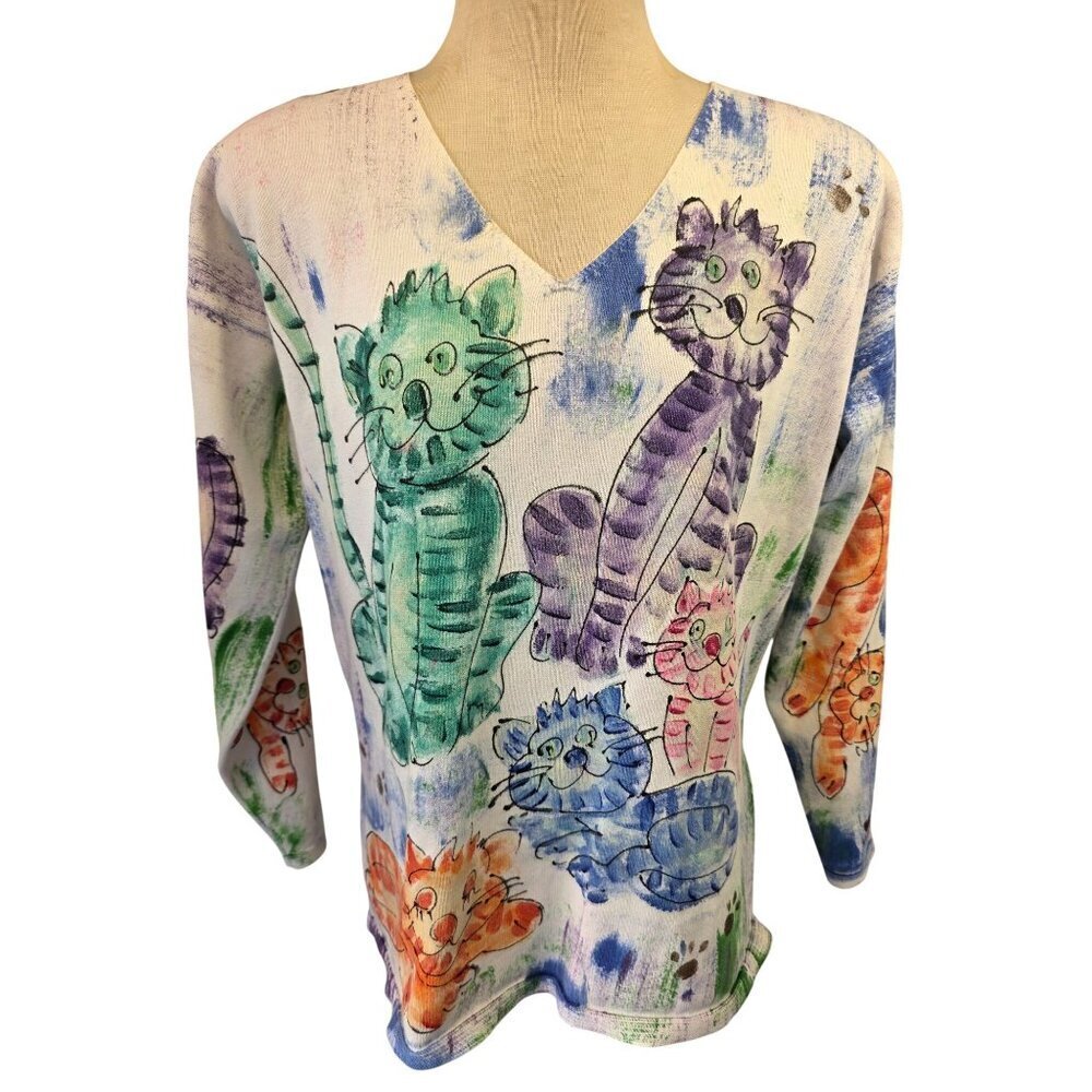 Vintage Lisa & Me Hand Painted Cat Print Top Sz M White Knit 80s/90s USA Artwear